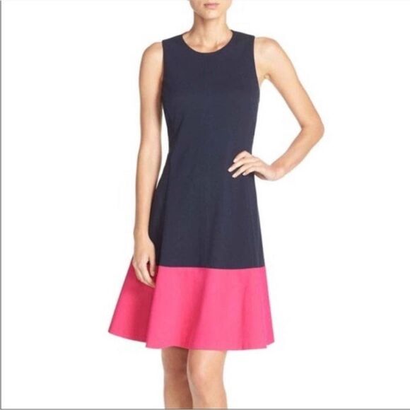 NWT Eliza J Women's Color Block Hem Fit & Flare Jersey Blue Pink Dress - Picture 1 of 6
